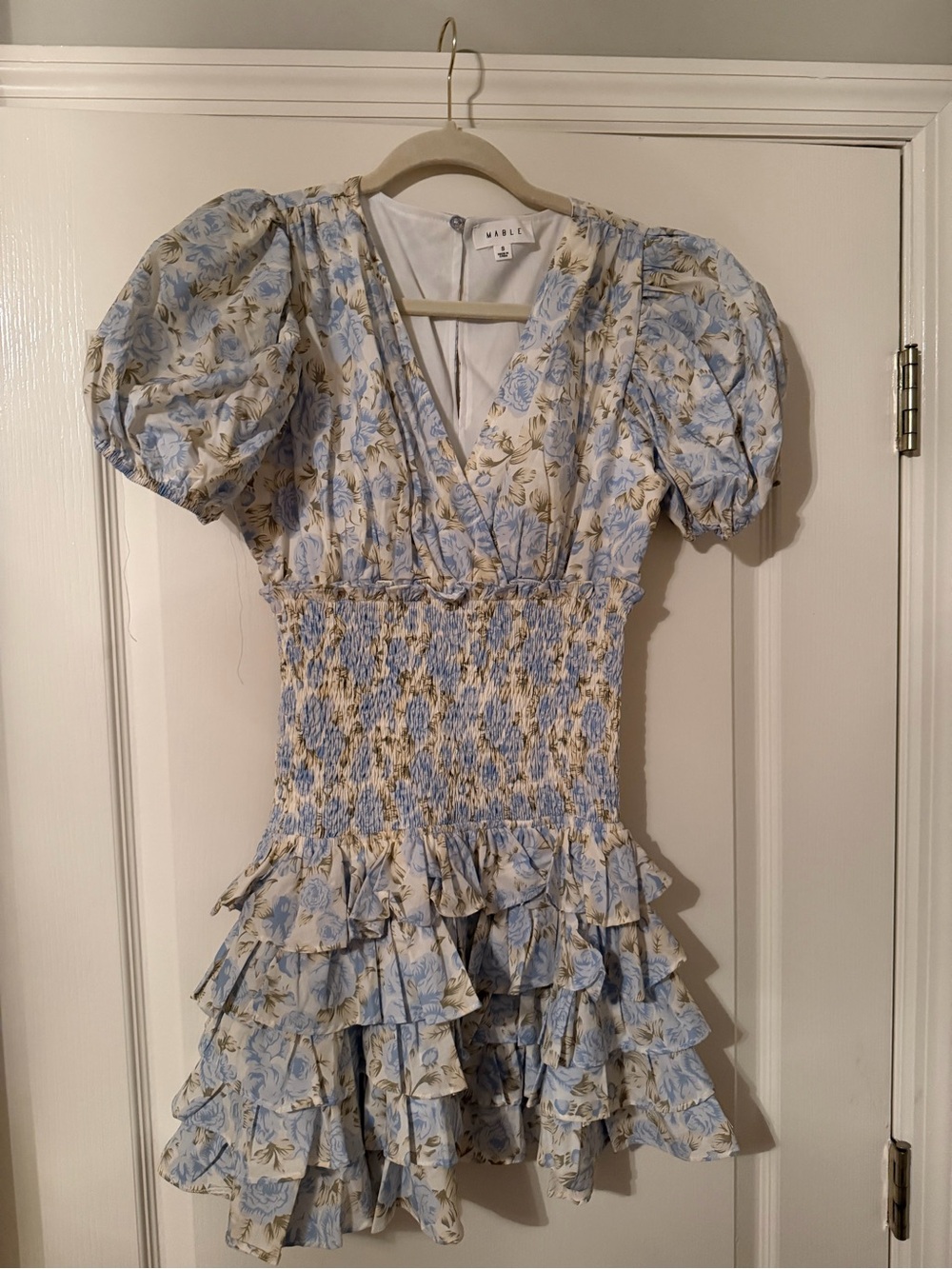 Mable Blue Floral Smocked Tiered Ruffle Mini Dress | Size S | Like New